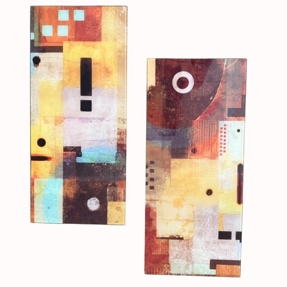 Abstract Glass Wall Art Panels Set Of 2 Artist Signed Geometric Hanging Gallery - Picture 1 of 16
